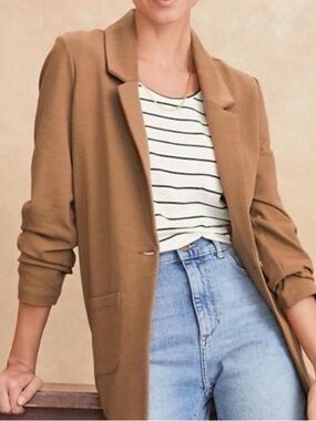 Garnet Hill Knit Relaxed Knit Blazer Praline Camel Brown Size 10 Classic Office